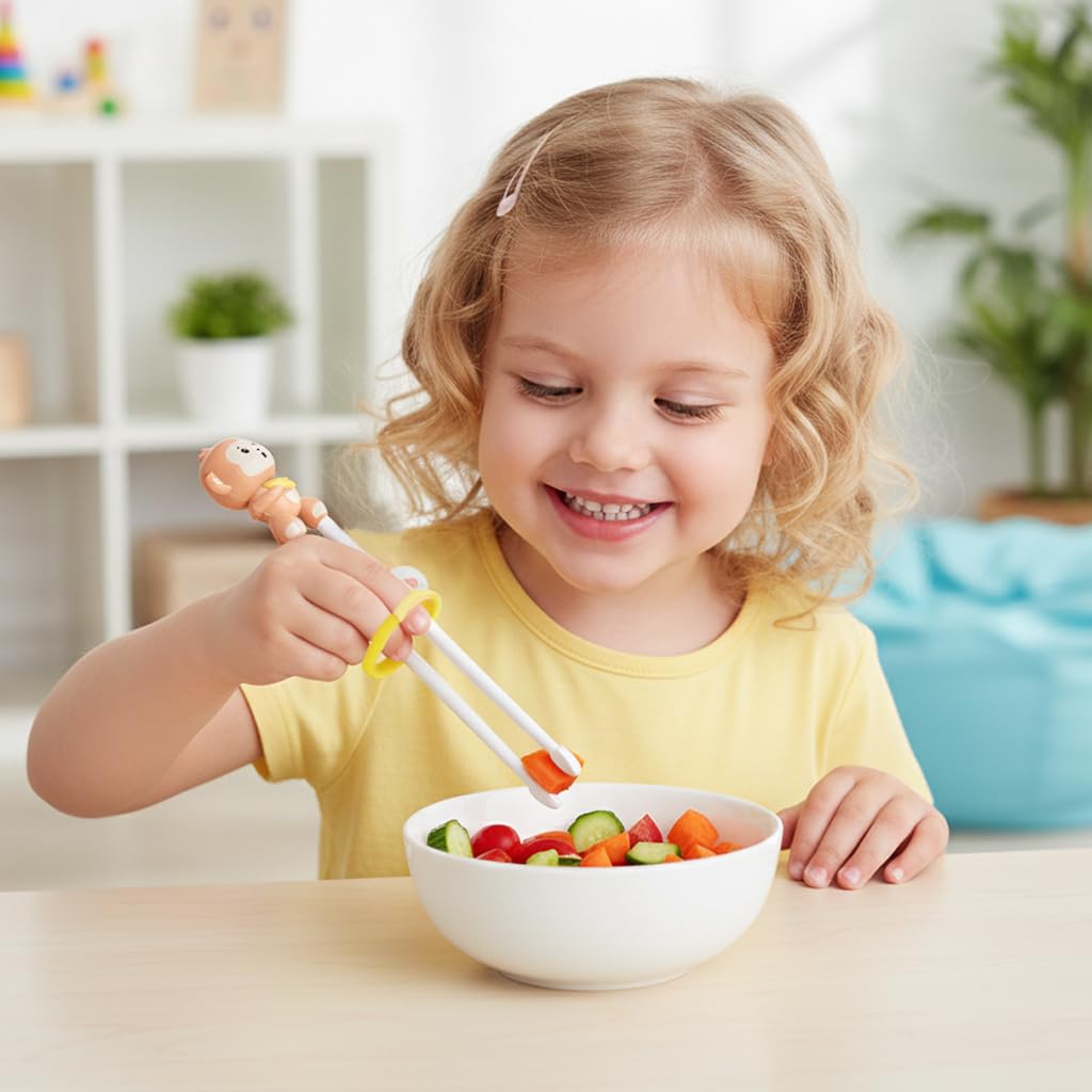 SNOWIE SOFT Kids Utensils Set for Self Feeding with 3Pcs Spoon Fork and Hinged Chopsticks | Yellow