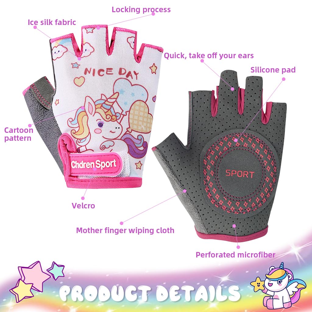 PROBEROS Fingerless Riding Gloves for Teen Girls with Anti Slip Padded Palm | Unicorn Print