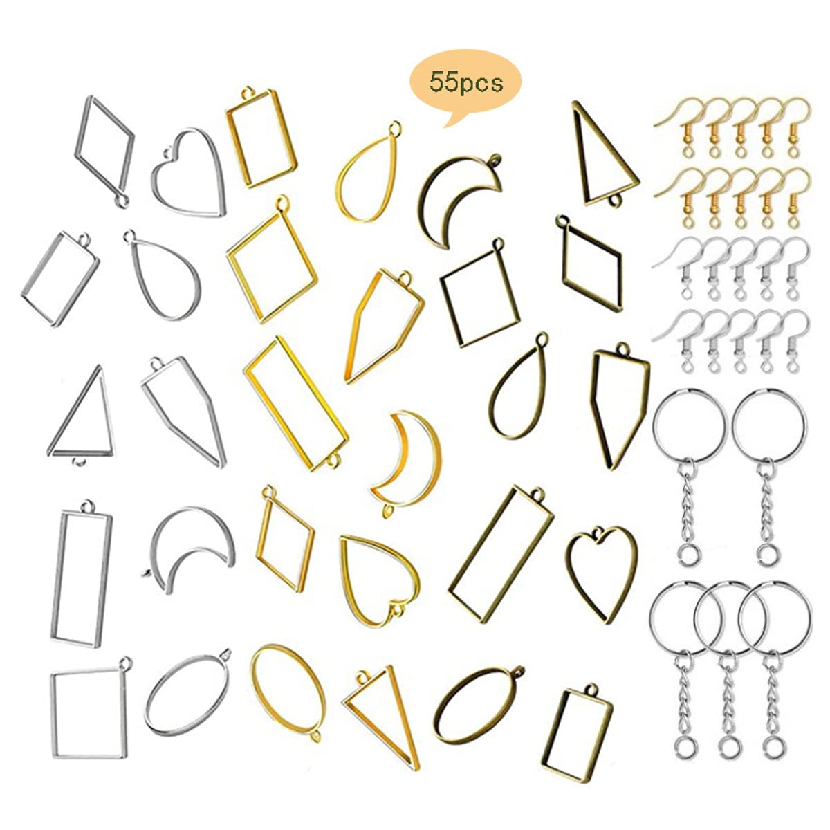 HASTHIP® 55Pcs Resin Pendant Mould, Mini Frame Pendants, Charm Pendant Metal Resin Moulds Kit For Key Chain Earring Necklaces Bracelet Diy Crafts, Multi-coloured