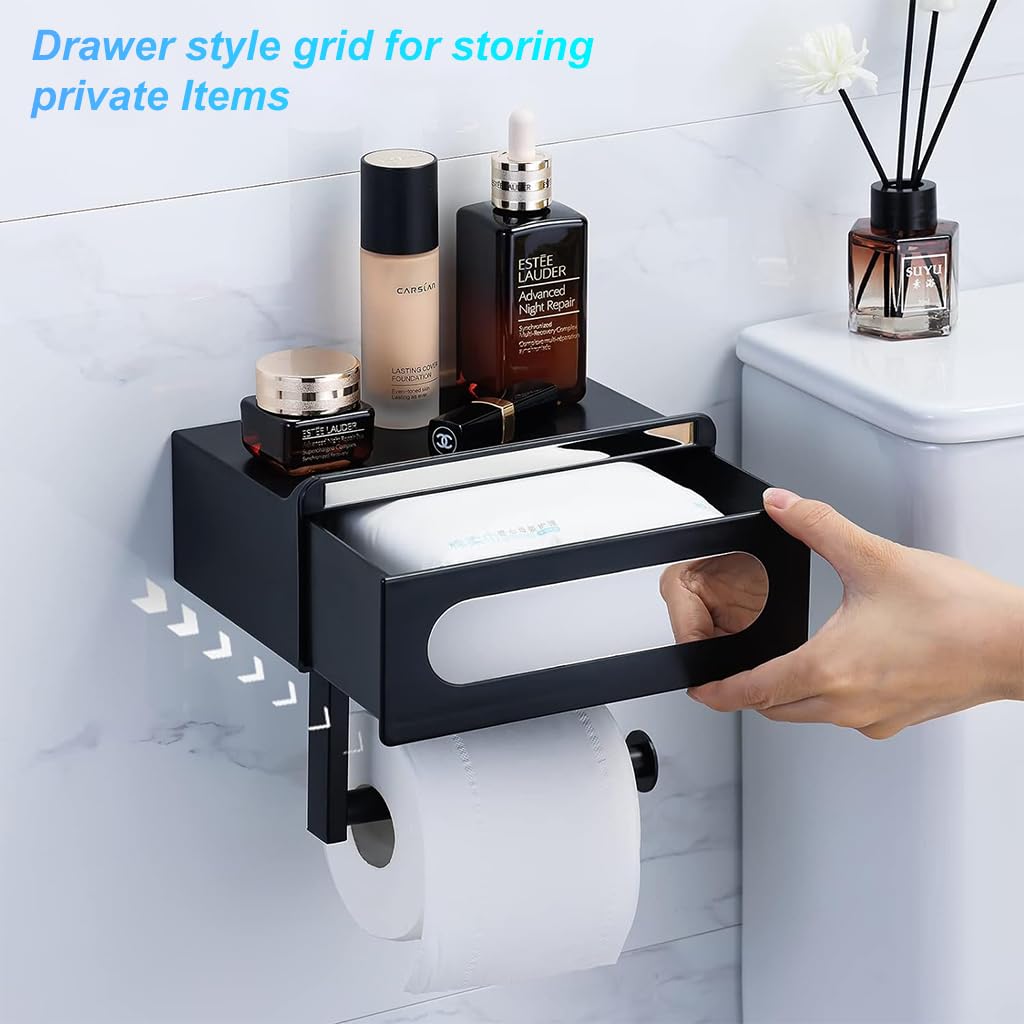 Supvox Toilet Roll Holder for Bathroom with 180° Rotating Storage Box 20×12.5×18cm Black ABS | 3‑in‑1 Wall Mounted Design
