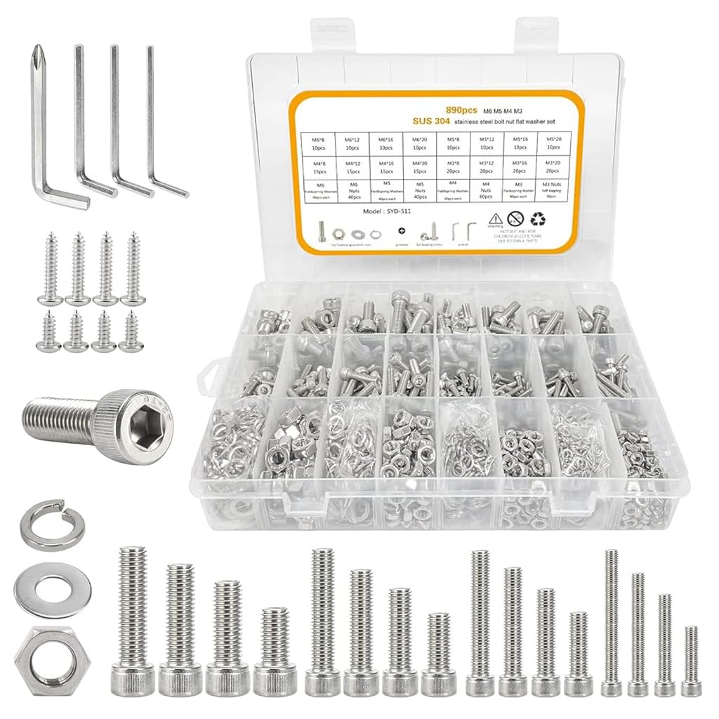 Serplex® 890Pcs M6 M5 M4 M3 Metric Screw Assortment, Metric Bolts and Nuts Kit with Lock&Flat washers, Wrenches 304 Stainless Steel Hex Head Metric Screws Assortment Set