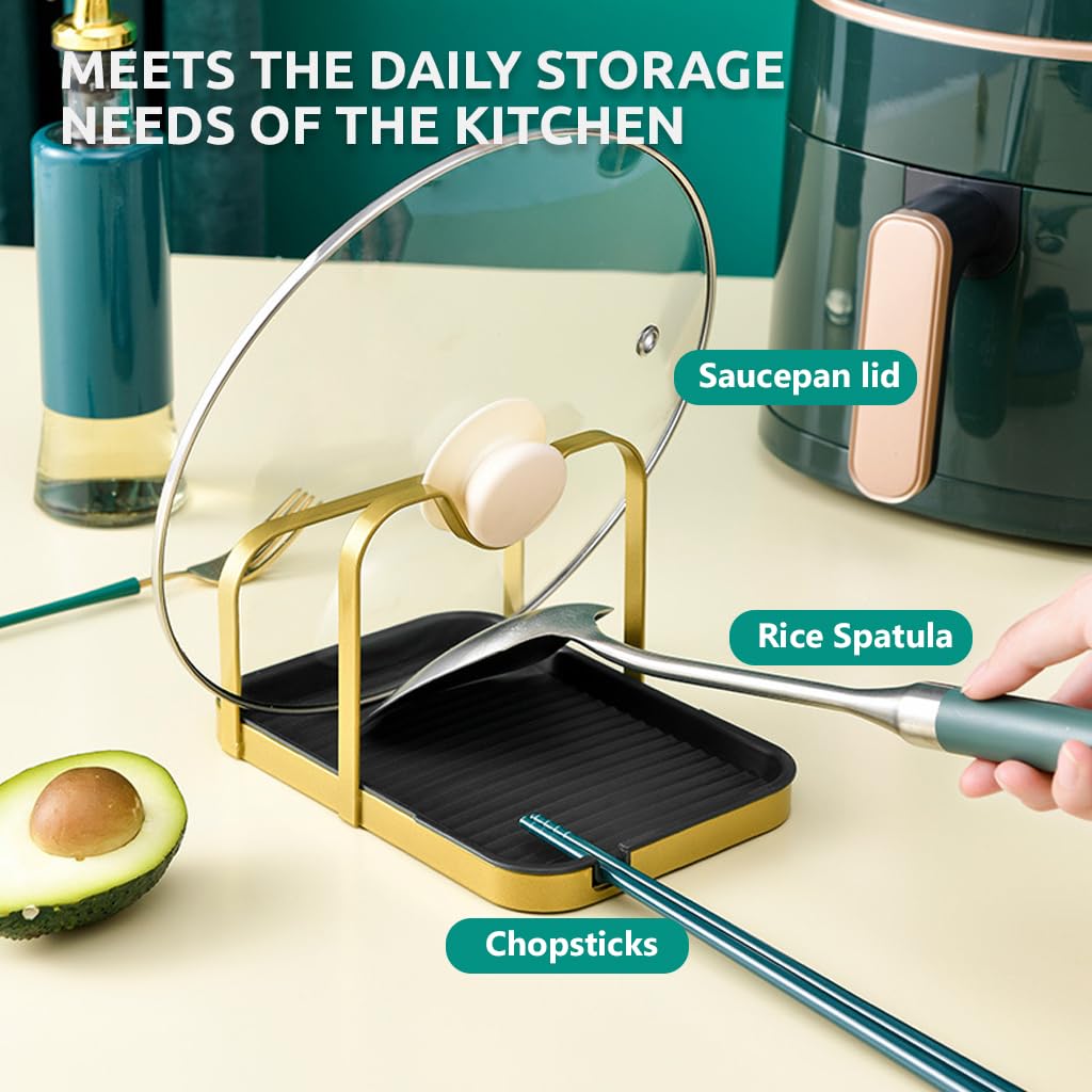 HASTHIP Spoon Rest Pot Lid Holder for Kitchen Organization with Detachable Drain Tray 20x13.8x11.5cm featuring Metal Dual Golden Black Design