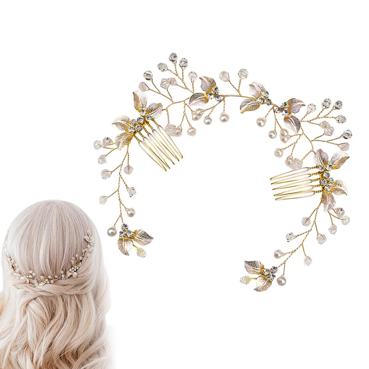 SANNIDHI Bridal Hair Accessories for Wedding with Golden Leaf Pearl Design | Secure Side Combs
