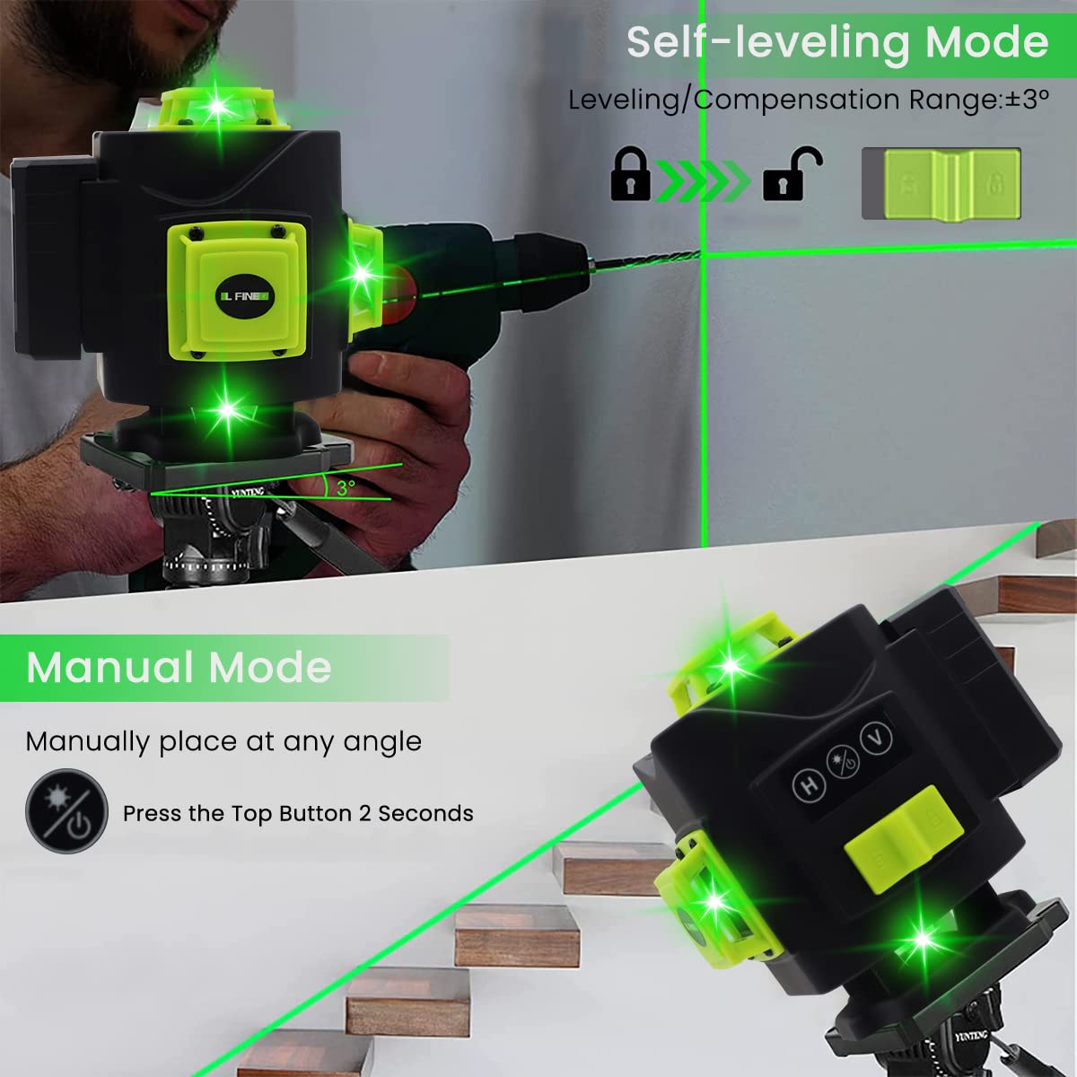 Serplex Laser Level for Indoor and Outdoor Leveling with 16 Lines 4D Green Beam | Self Leveling and Rechargeable