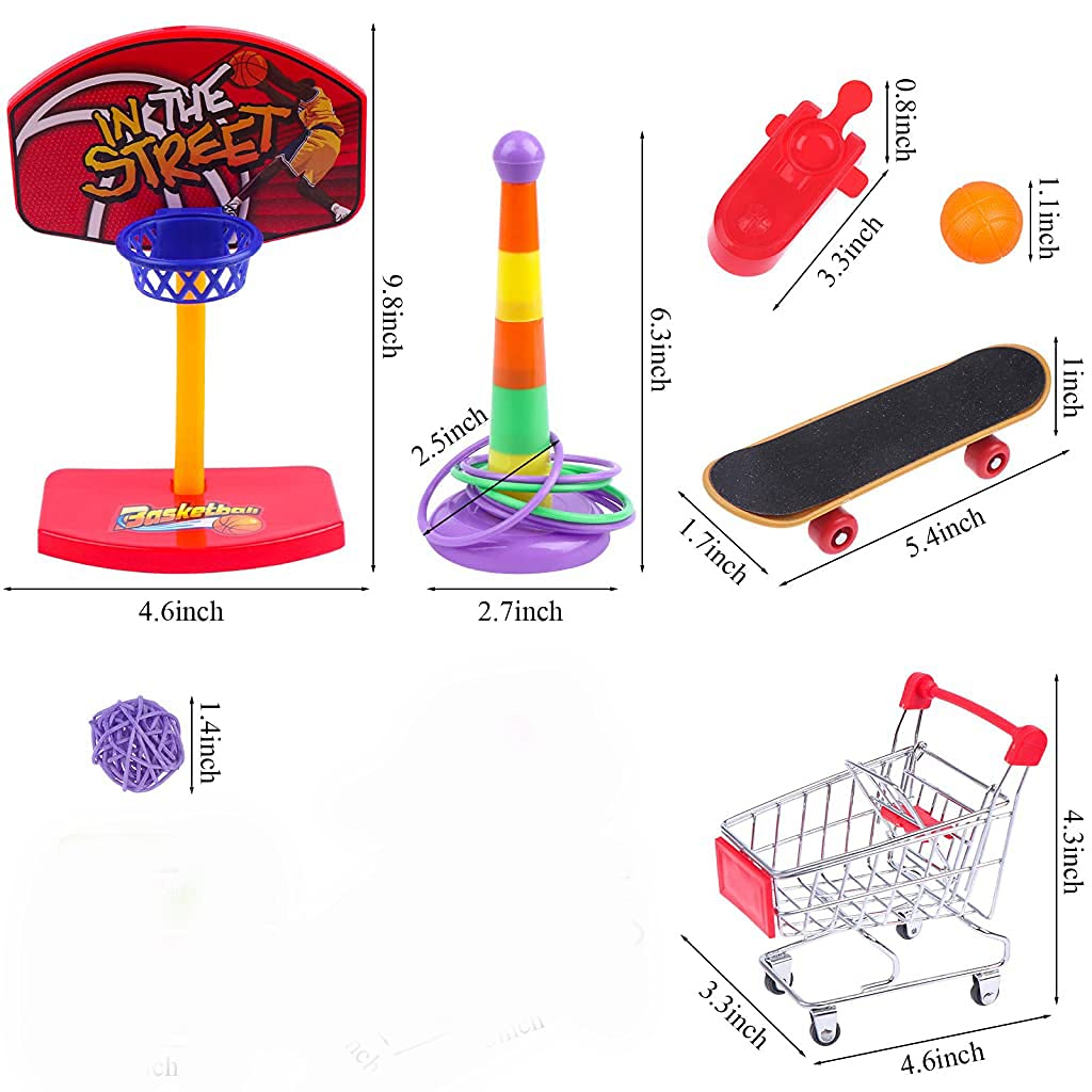 Qpets Bird Toys Set for Parrot Training with Skateboard Cart and Basketball Hoop | 7PCS Safe Plastic Accessories