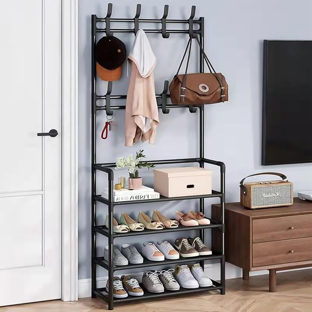 Supvox Metal Shoe Rack for Entryway Storage with 4 Tiers and Double Hanging Rods | DIY Assembly Bench Organizer