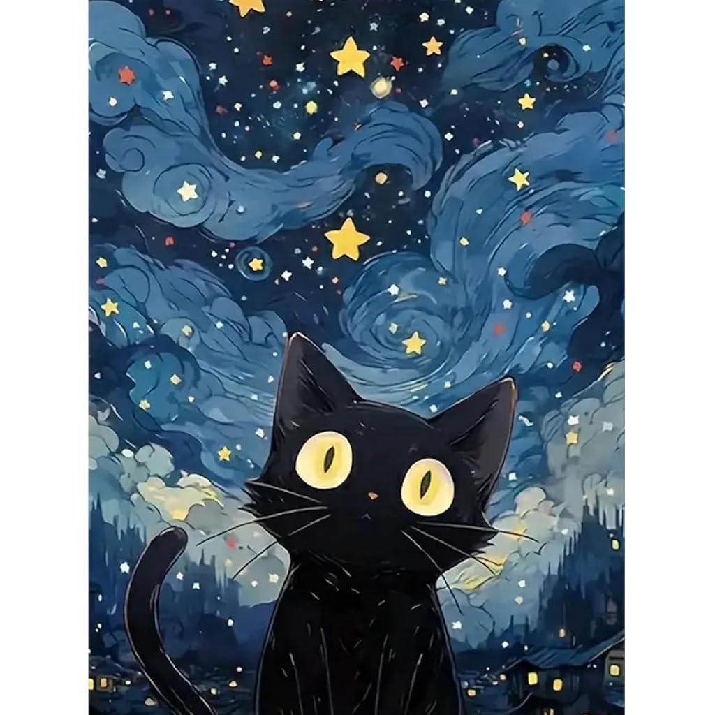 HANNEA® DIY Diamond Art Paint Kit, Cartoon Cat Starry Night Diamond Paint Kit with Tools & Accessories, 30x40cm No Frame Pre Outlined Canvas Diamond Art Kit