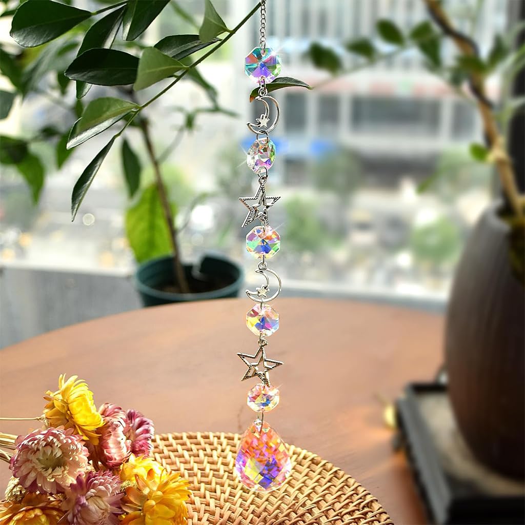 HASTHIP Suncatcher Charm Set of 4 for Home Decor with 34cm Sun and Moon Crystal Design
