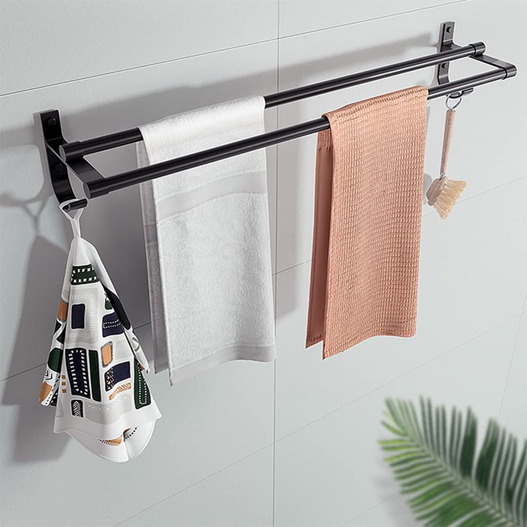 HASTHIP® 15.7 Inch Aluminum Bathroom Towel Rack Towel Rod Towel Hanger Towel Bar Bath Accessories, Double-Pole Towel Stand with Hooks, Rustproof Towel Storage Wall Mount for Bathroom Lavatory (Black)