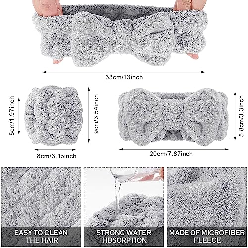 MAYCREATE® Spa Headband & Wristband Set for Washing Face, Soft Makeup Bowknot Headband for Women Girls, Super Absorbent Flannel Sweat Wrist Band Towel for Face Wash, Yoga, Fitness (Grey)