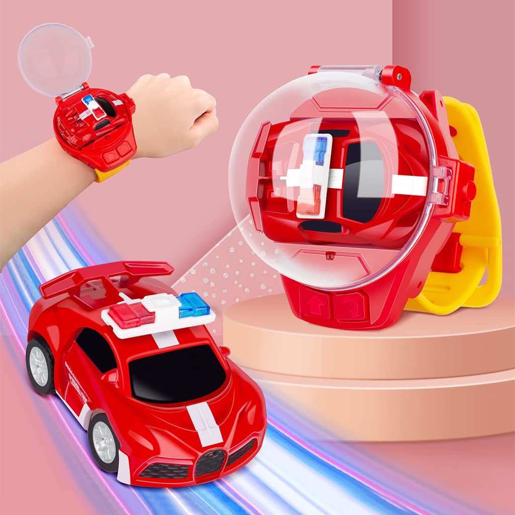 PATPAT® Mini Remote Control Watch Car 2.4 GHz Cartoon Watch Car Toy, USB Rechareable Remote Control Toy Car, Wrist Racing Car Watch Cartoon RC Car Birthday Christmas Gift for Kids Boys Girls-Red