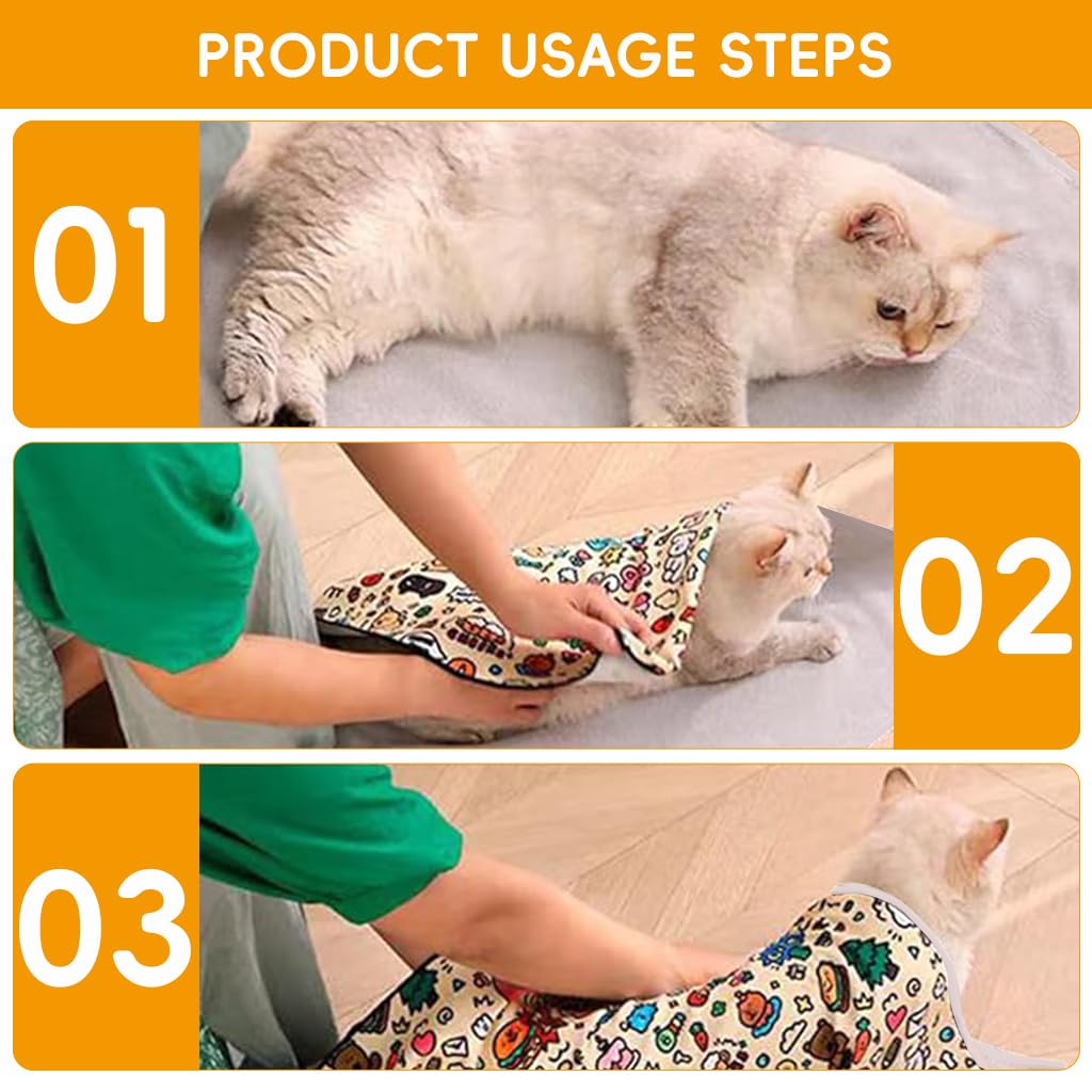 Qpets® Cat Swaddle, Magic Snap Closure Cat Swaddle, Soothing Cat Wrap Cat Cute Cartoon Print Cat Swaddle Cat Grooming Use Owner Protection Anti-Scratch Cat Swaddle, 55cmx55cm