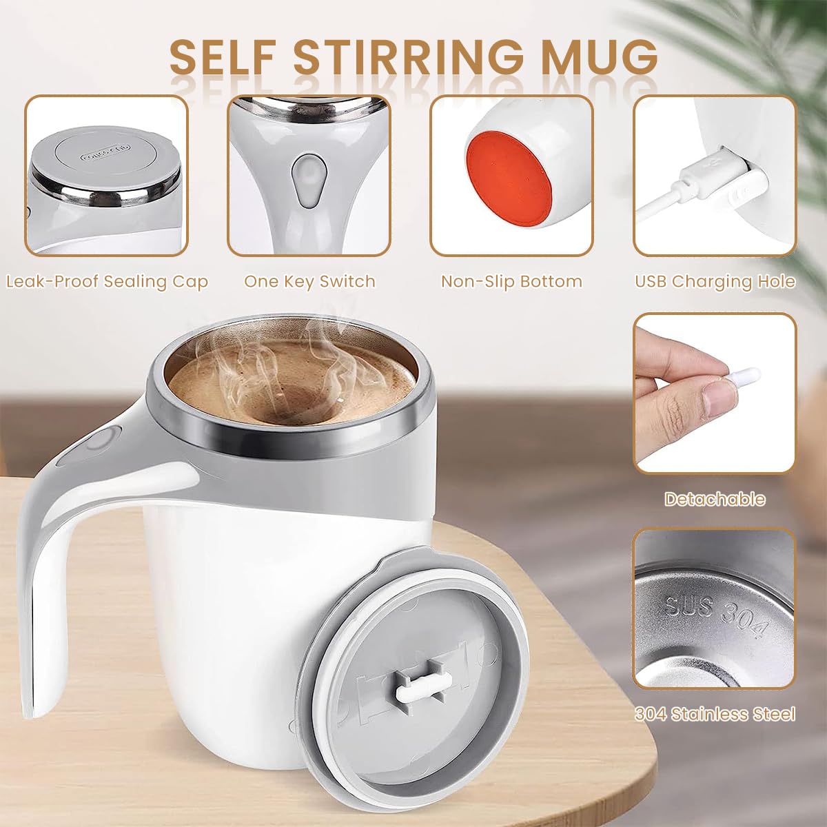 Supvox Self Stirring Mug for Coffee and Tea with 380ml Capacity featuring Magnet Auto Mixing and 304 Stainless Steel | USB Rechargeable Cup