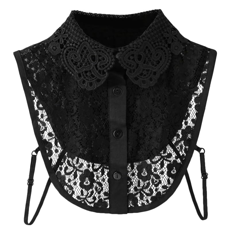 PALAY Lace Fake Collar for Women featuring 4 Button Design and Nylon Yarn Material | Elegant Black Detachable Half Shirt Dickey