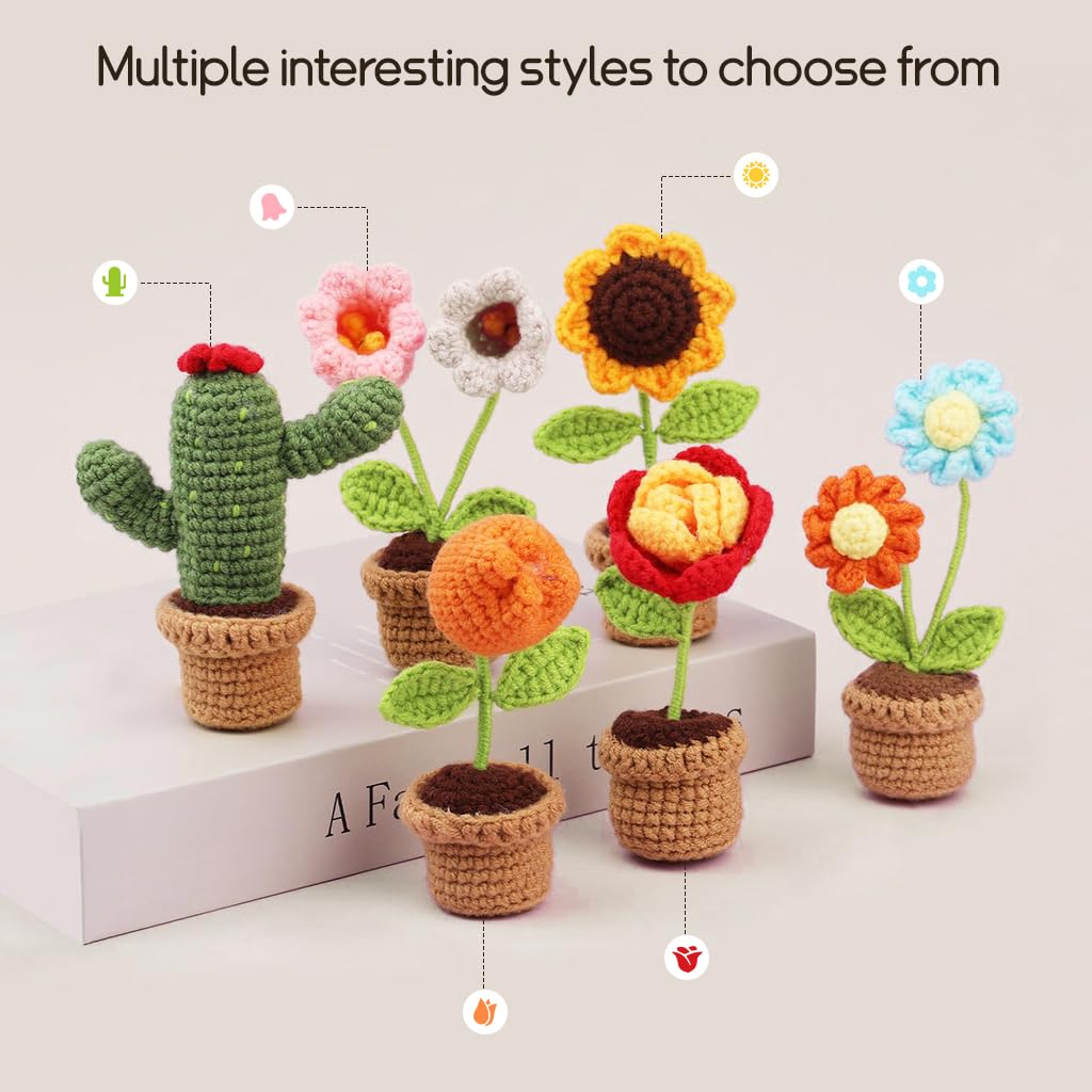 PATPAT® DIY Crochet Art Material Kit 6Pcs Mini Flower Pot DIY Crochet Art Kit Starter Friendly DIY Crochet Art Material Kit Gift DIY Crochet Kit Home Decor Crochet Kit for Beginners with Yarn