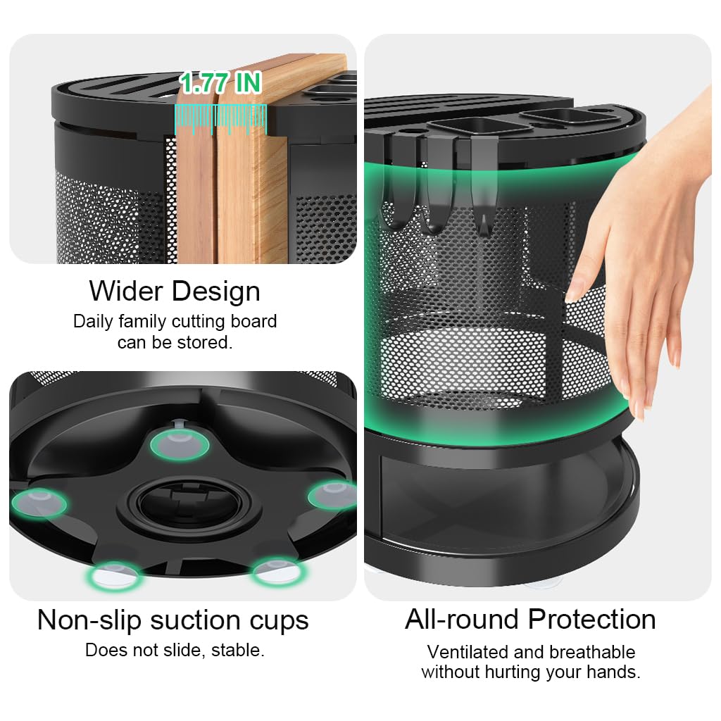 HASTHIP Kitchen Organizer for Tableware and Cutting Boards with 360° Rotatable Design | 23.5x24cm Carbon Steel Rack with 4 Hooks