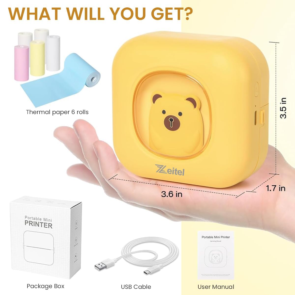 ZEITEL Portable Thermal Mini Printer for Notes and DIY Scrapbook with 13 Rolls Paper | Inkless Bluetooth Printing for Students and Kids
