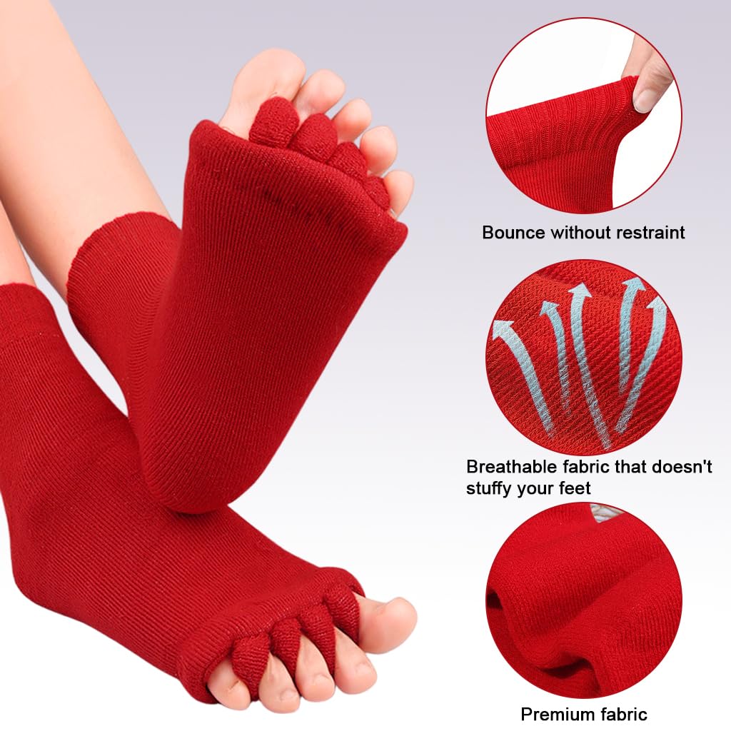 Zibuyu Toe Separator Socks for Yoga and Sports featuring Ergonomic Toe Dividers | Breathable Cotton Red Design for Men and Women