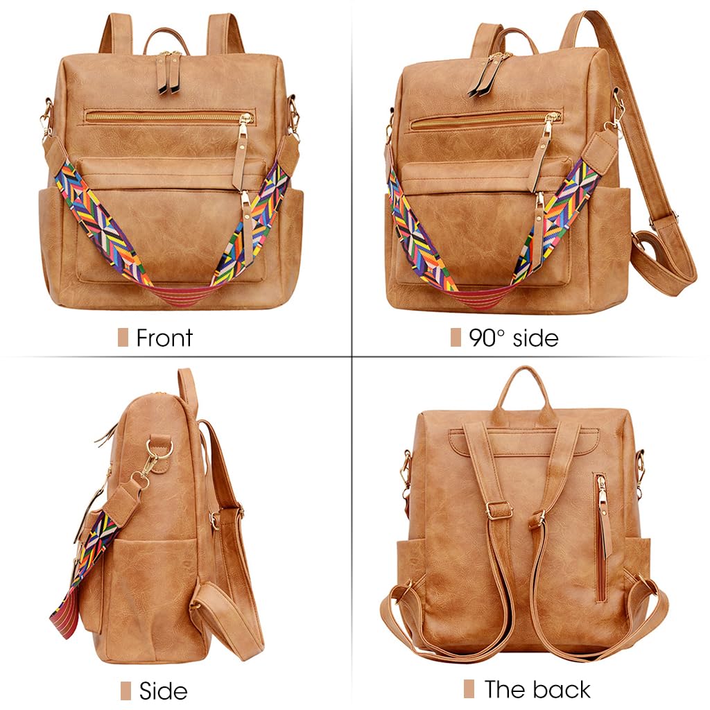 ZIBUYU Women Backpack for Travel and Office featuring Hidden Zipper Pouch | Light Brown PU Leather