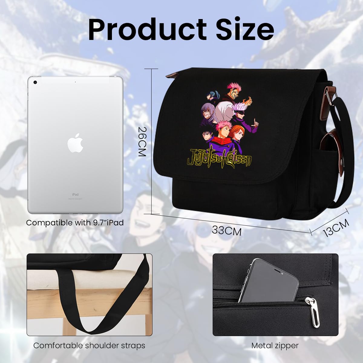 Venzina Sling Bag for Travel and College with 33x13x26cm Storage Canvas Black | Jujutsu Kaisen Print