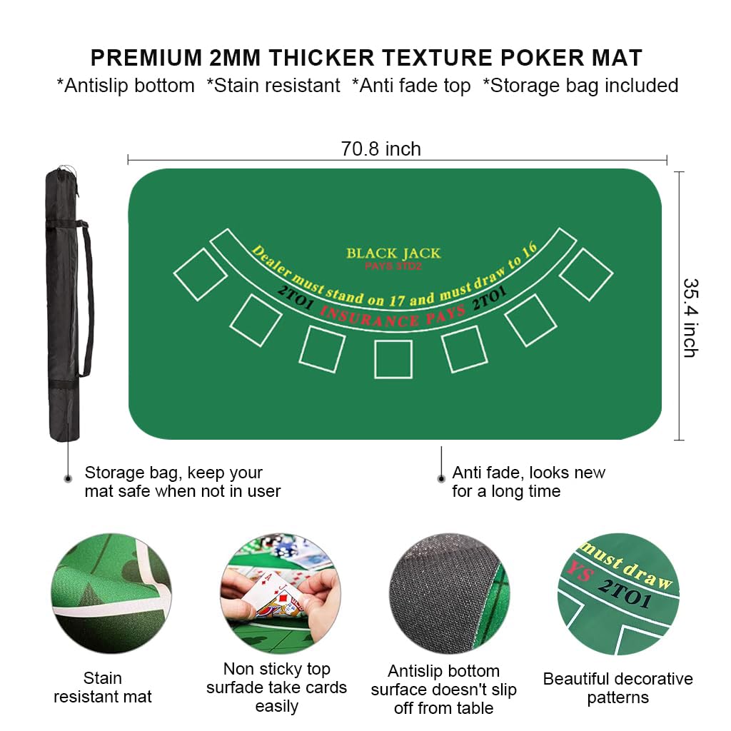 PATPAT Blackjack Poker Table Mat for Home Play with 7 Betting Boxes 70.8x35.4 in Green | Anti Slip Rubber Base
