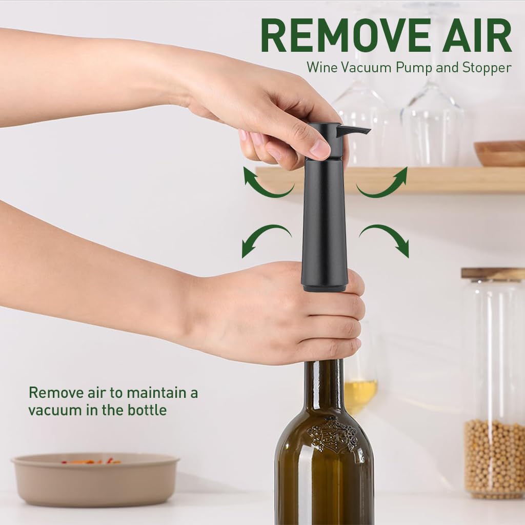 HASTHIP Wine Vacuum Pump with 4 Silica Gel Stoppers for Universal Bottle Sealing | Black