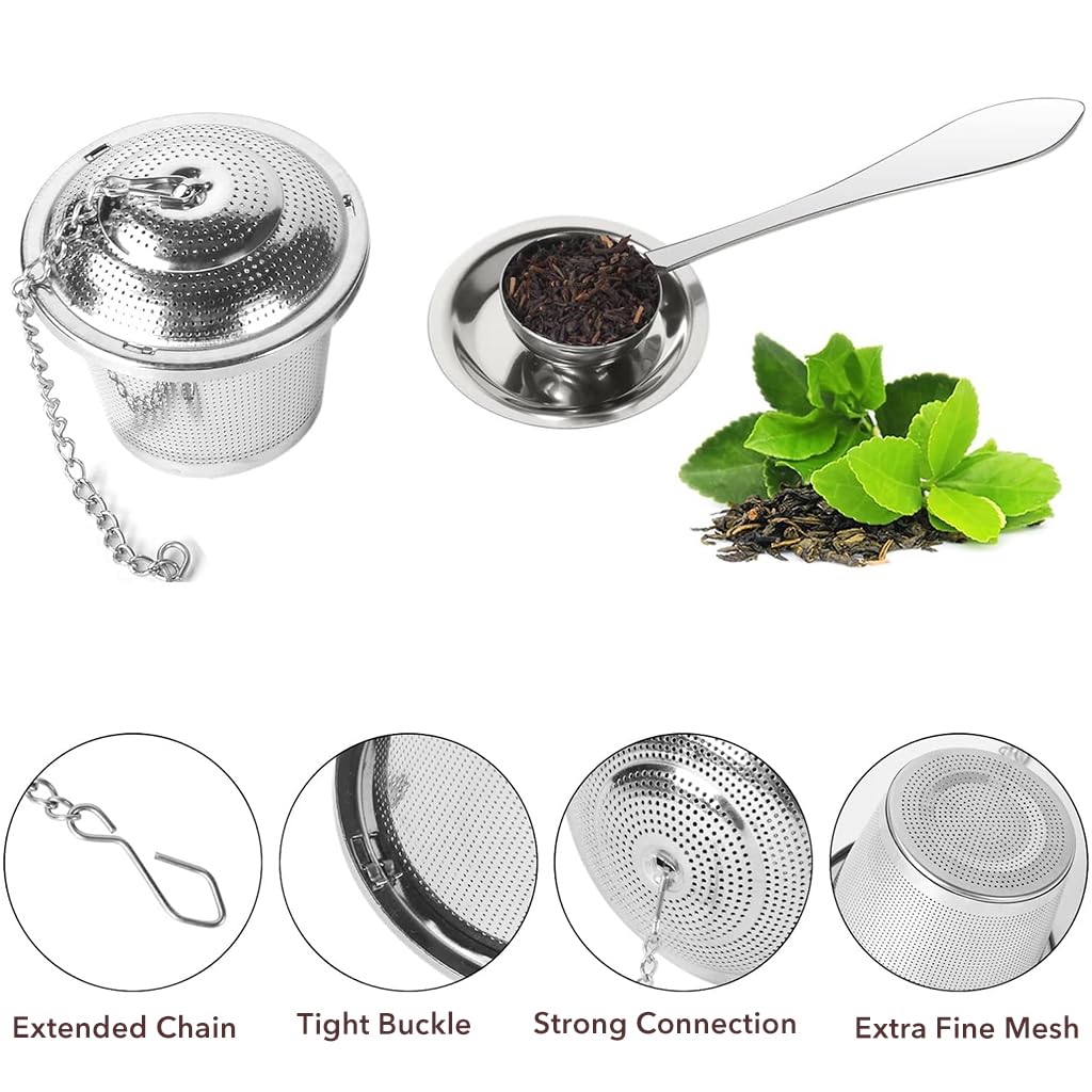 Supvox® 2Pcs Tea Infuser with Spoon 304 Stainless Steel Tea Strainer with Lift Chain & Tea Strainer Tray 1.96 inches Fine Mesh Strainer for Loose Tea, Chamomile, Green Tea Loose Leaves