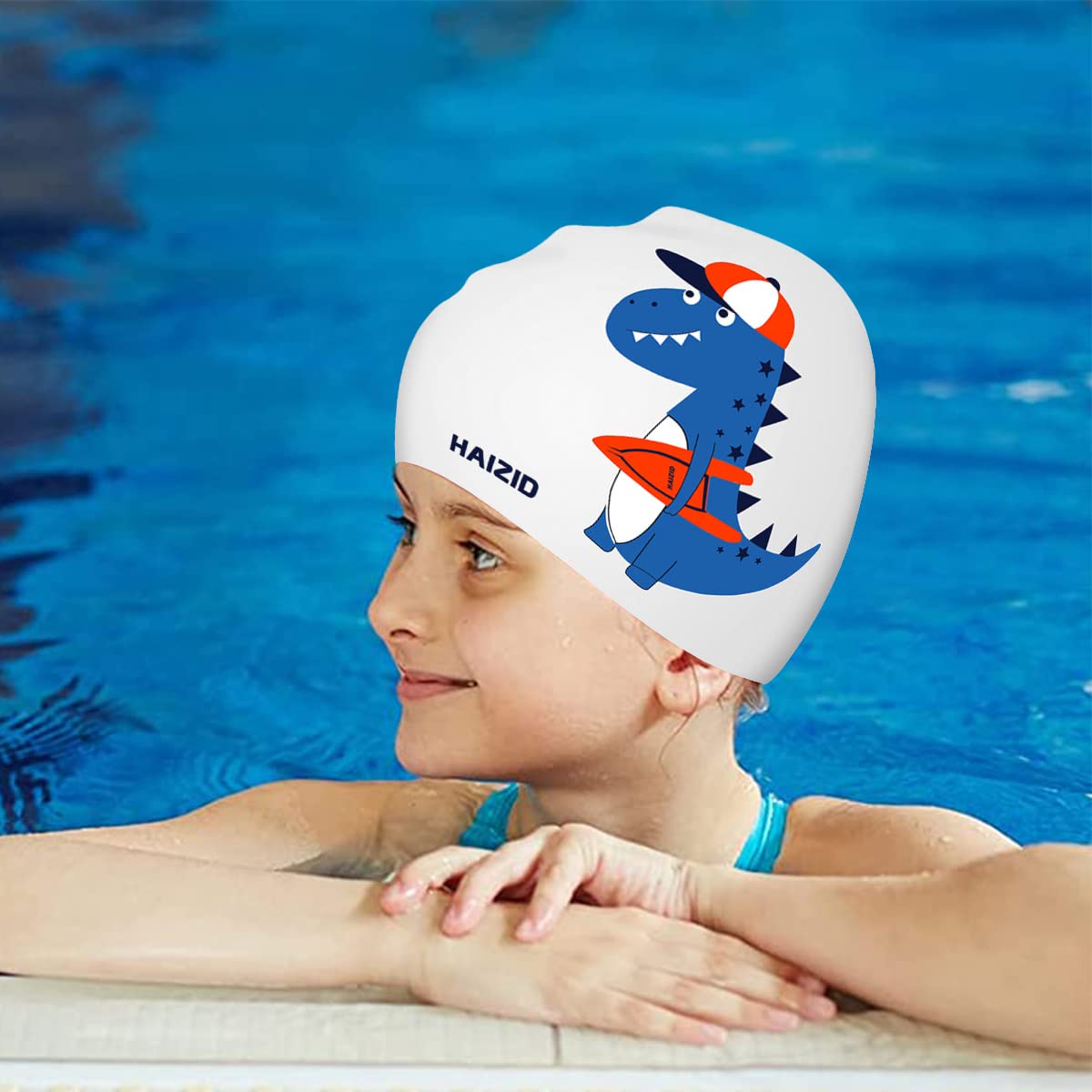Proberos Silicone Swim Cap for Kids 2–8 featuring Cartoon Dinosaur Design and Leak Protection