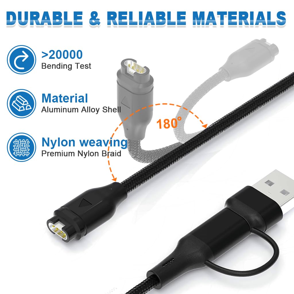 ZORBES Charging Cable for Garmin Watch with USB C and USB Connectors 3.3ft Nylon Braided