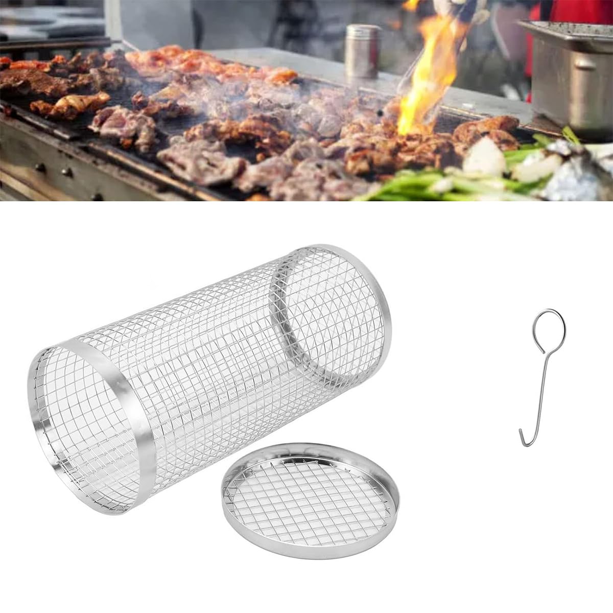 Proberos® Grill Basket BBQ Grill Basket Kit 304 Stainless Steel Grilling Basket 11.8 Inches Grilling Tube with Barbecue Fork and Lifting Hook Grill Basket