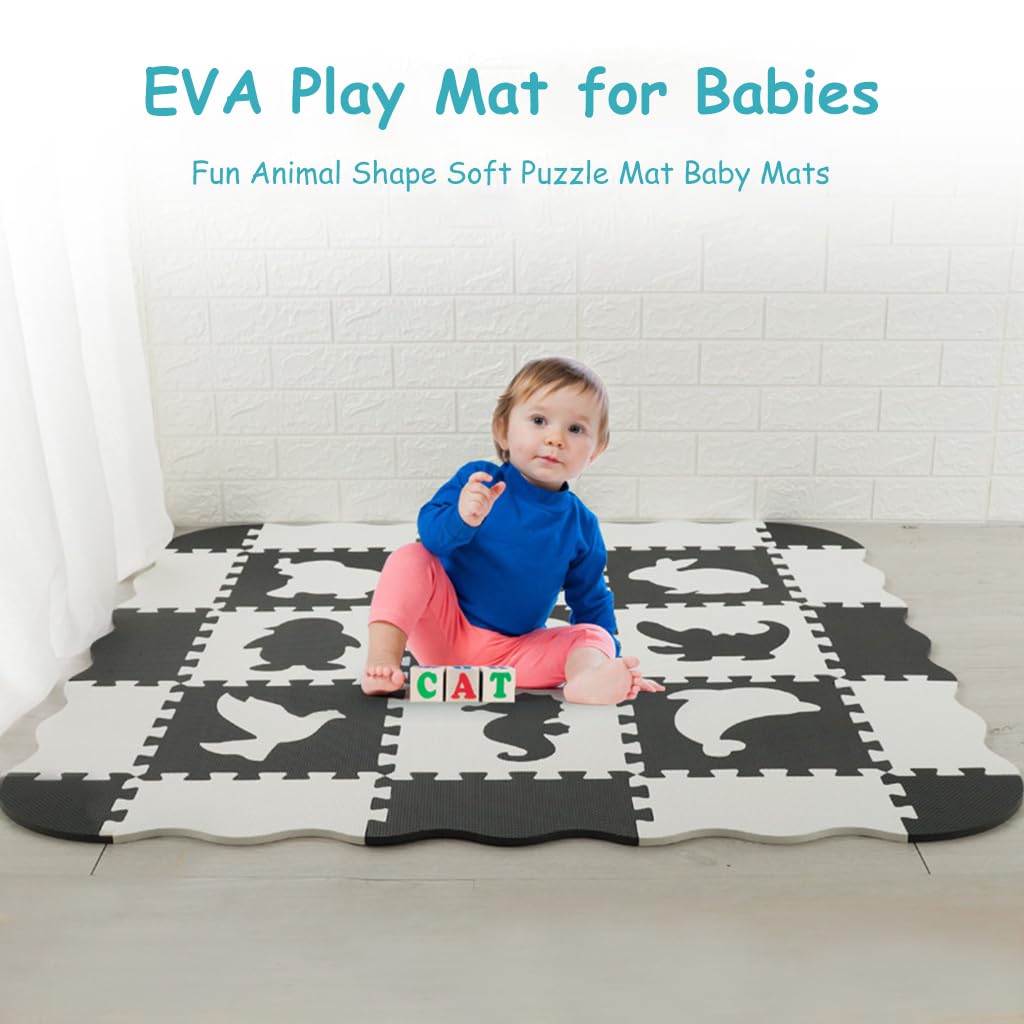 SNOWIE SOFT® Baby Play Puzzle Mats Black and White Sensory Foam Puzzle Play Mat Fun Animal Shape EVA Soft Puzzle Mat 44.8 inches Floor Activity Puzzle Mats for Toddlers Age 6 Months +