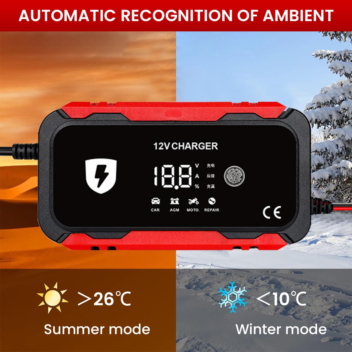 STHIRA Car Battery Charger for Cars Motorcycles and Boats with 12V 6A Smart Pulse Maintenance | Touch Screen LCD Display