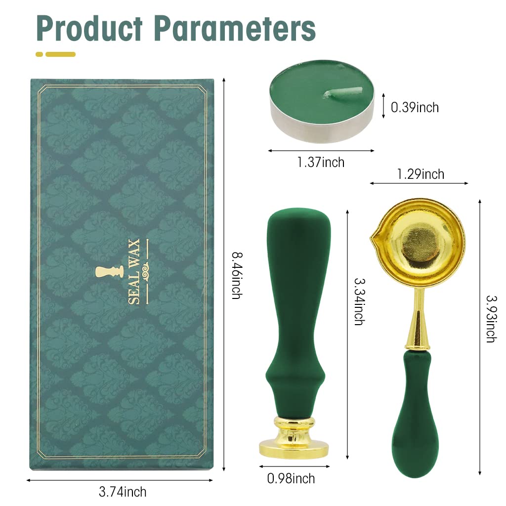 HASTHIP® Wax Seal Stamp Gift Box Set, Sealing Wax Stamps with Brass Head for Cards Envelopes, Includes Wax Beads, Candles, Wax Melting Spoon, Wooden Handle Stamp, Fine Gift Box (Green)