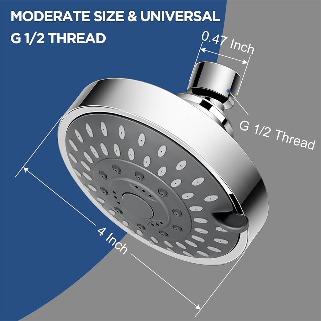 HASTHIP Round Shower Head with 5 Spray Modes and 360 Degree Flexibility | 4 in ABS Flush-Mount Design