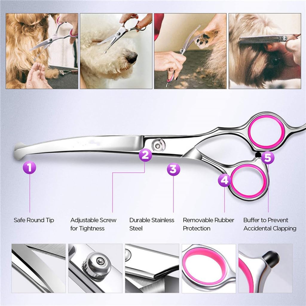 Qpets® Dog Grooming Kit 5 Pack, Stainless Steel Dog Trimmer Kit, Pet Grooming Scissors Set with Grooming Comb, Cutting Scissors Thinning Shear Curved Scissors, Grooming Hair for Small Large Dog Cat