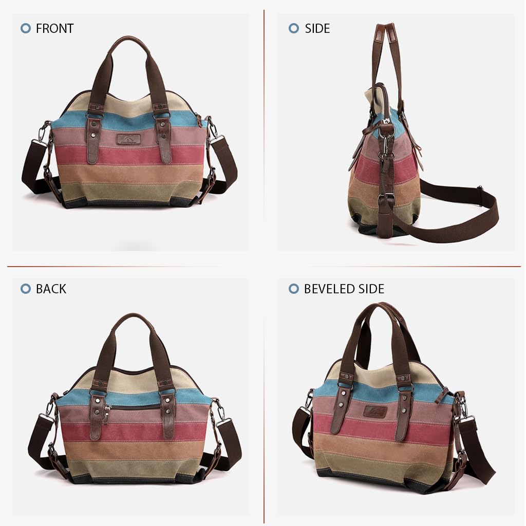 PALAY® Tote Bag Women Large Canvas Tote Bag Shoulder Bag Briefcase Crossbody Bag with Shoulder Belt Fashion Color Stripy Print Tote Bag Casual Tote Bag for Daily, Travel, 36x12x37 cm