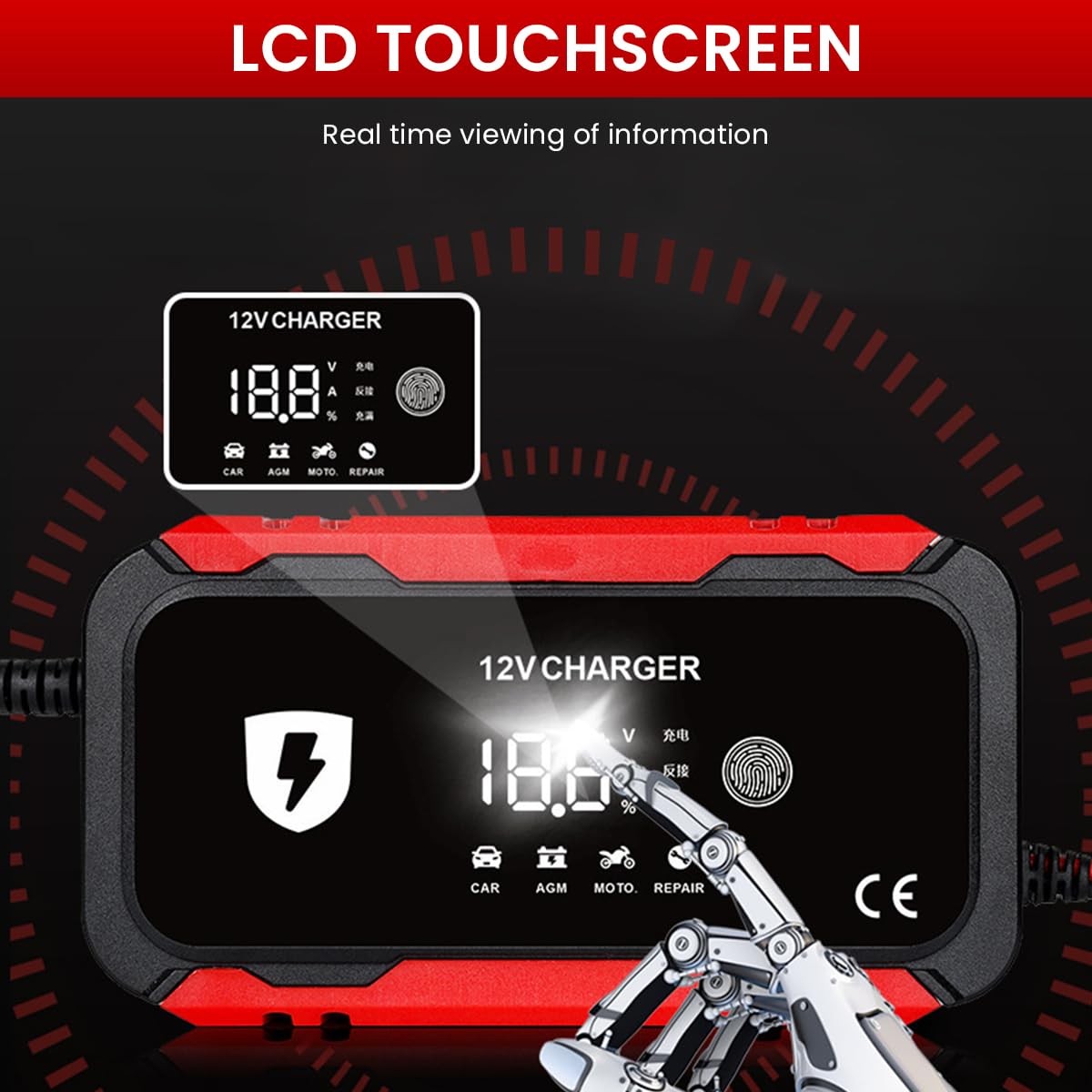 STHIRA Car Battery Charger for Cars Motorcycles and Boats with 12V 6A Smart Pulse Maintenance | Touch Screen LCD Display