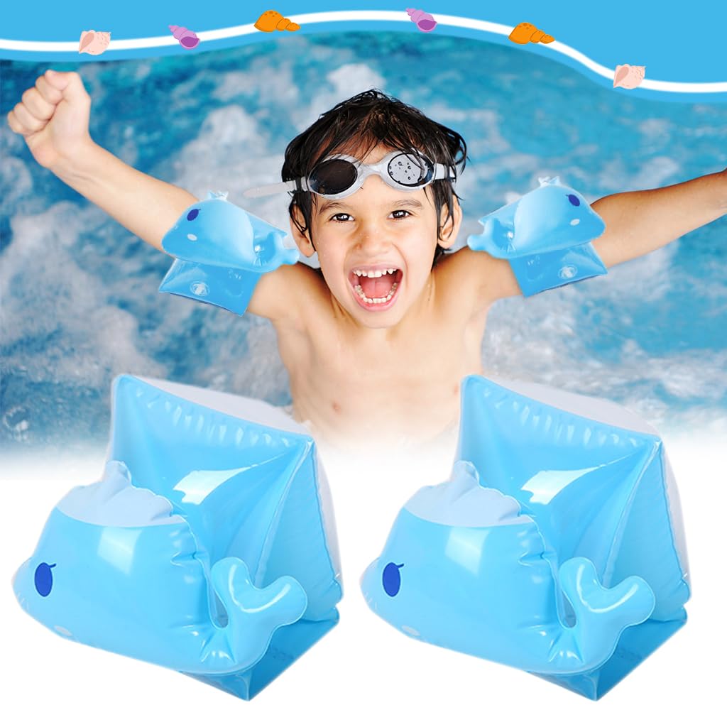 Proberos® Inflatable Buoyancy Floats for Kids Cartoon Blue Whale Inflatable Swimming Guards Swimming Training Arm Float Kids Swimming Pool Float Arm Ring for Kids Aged 25-55lbs, One Pair