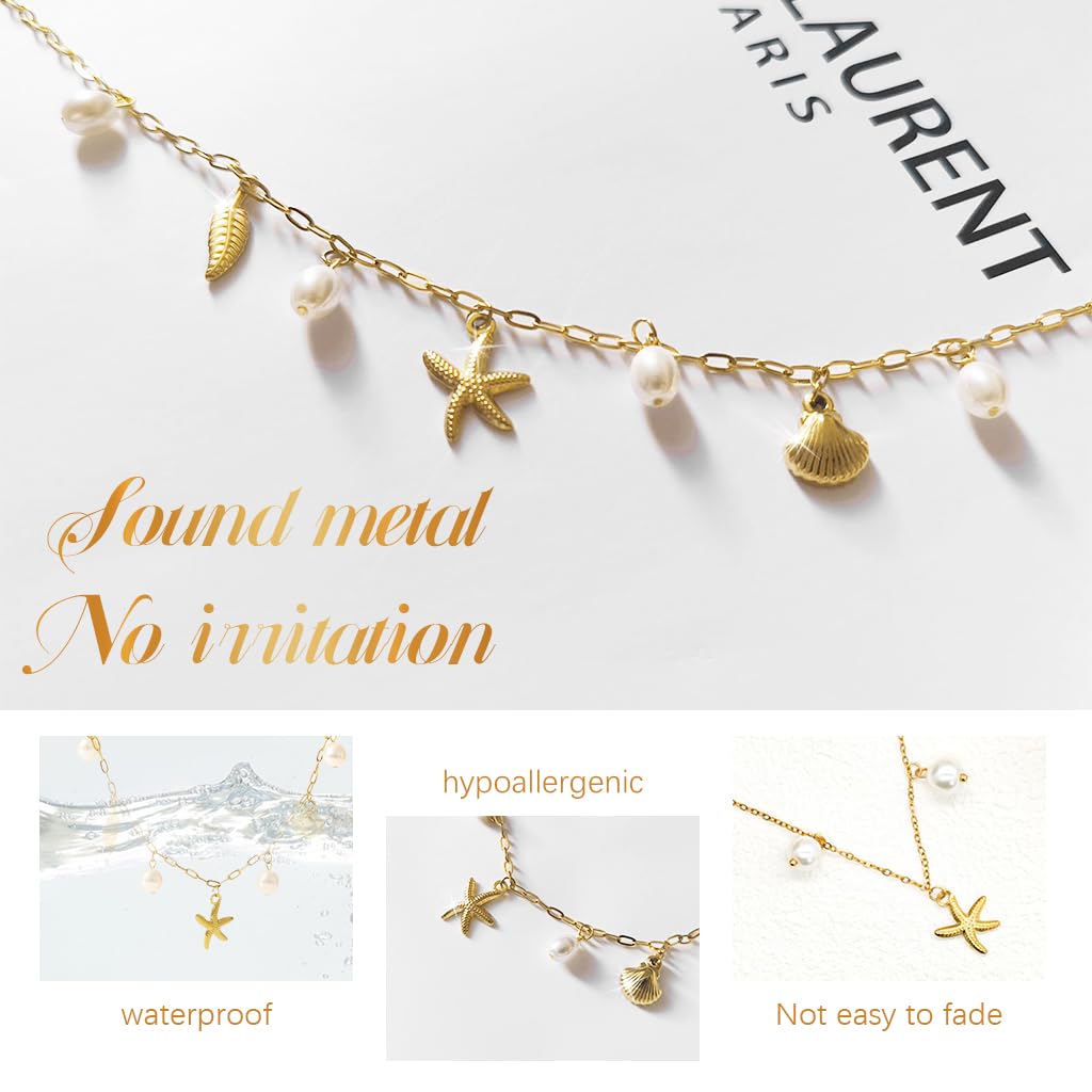 SANNIDHI Necklace for Women featuring Seashell Starfish and Pearl Charms | 3PCS Beach Jewelry