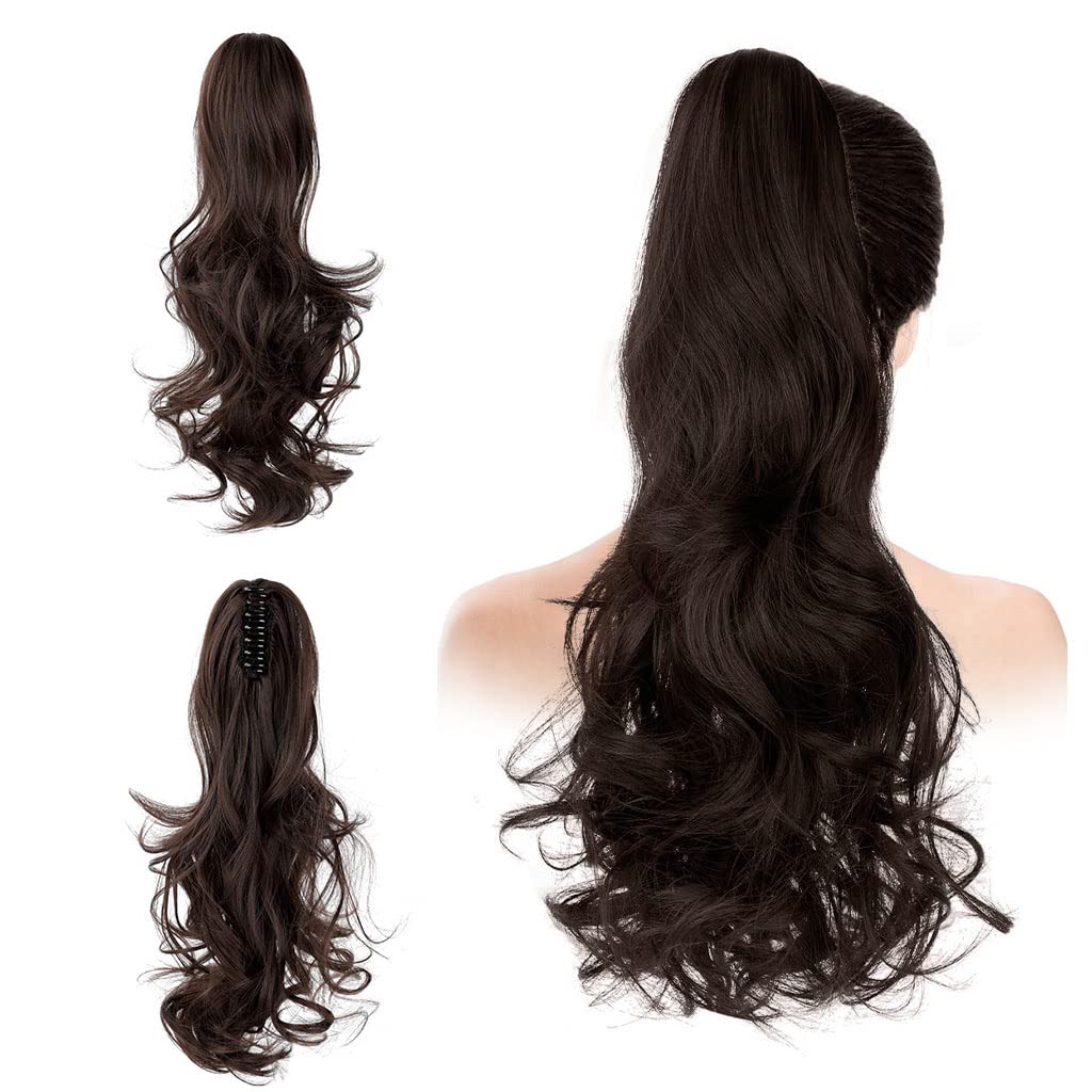 MAYCREATE Long Ponytail Hair Extension for Women with Clip Claw | 22 Inch Brown Synthetic Curly Hairpiece