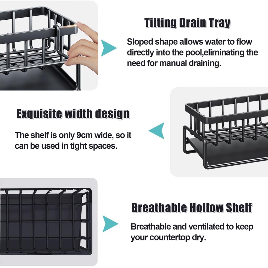 Supvox® Kitchen Sink Organizer, Kitchen Sink Drain Rack, Kitchen Sink Caddy Organiser, Sponge Sink Caddy, Stainless Steel Sponge Holder Rack for Dish Soap, Brush, 23x9x10cm (Sliver)