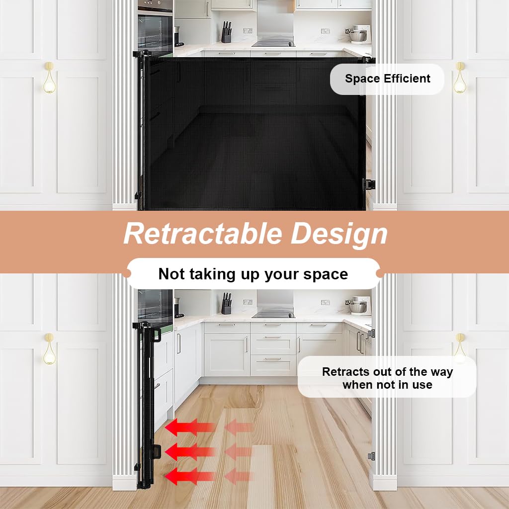 SNOWIE SOFT® Retractable Baby Safety Gate Fence Gate with Lock, Buckle Door Barrier Staircase Gate Door Gate Barrier for Babies Toddler, Dog Cat Pet in Balcony, Bedroom, Living Room, 33