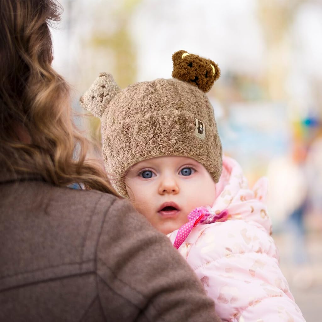 SNOWIE SOFT® Winter Cap for Kids Baby Cap Woolen Cap for Baby Winter Hat Scarf Set, Brown Cartoon Bear Baby Winter Cap for 0 to 3 Year Christmas Gifts