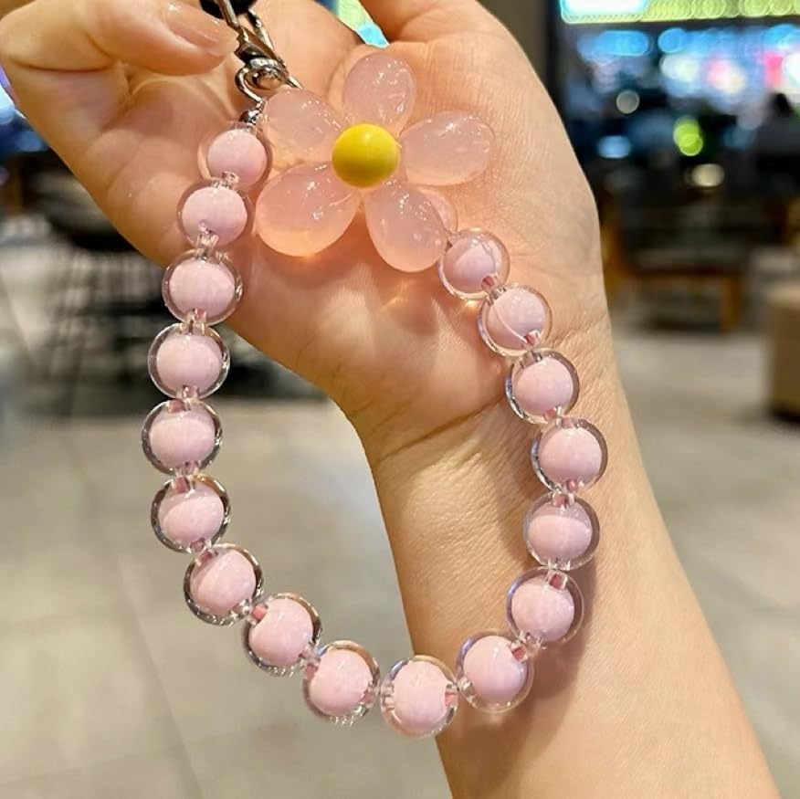 Zibuyu Phone Charm for Girls with Flower Beads and Metal Buckle | Pink Acrylic Strap Grip