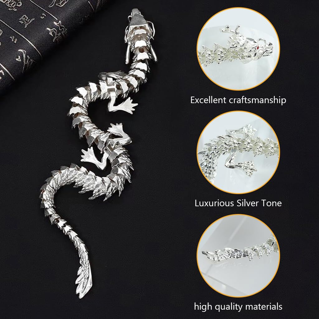 HASTHIP Dragon Statue for Home or Office Decor featuring 9.8 in Alloy Design and Silver Finish | Gift for Fantasy Lovers