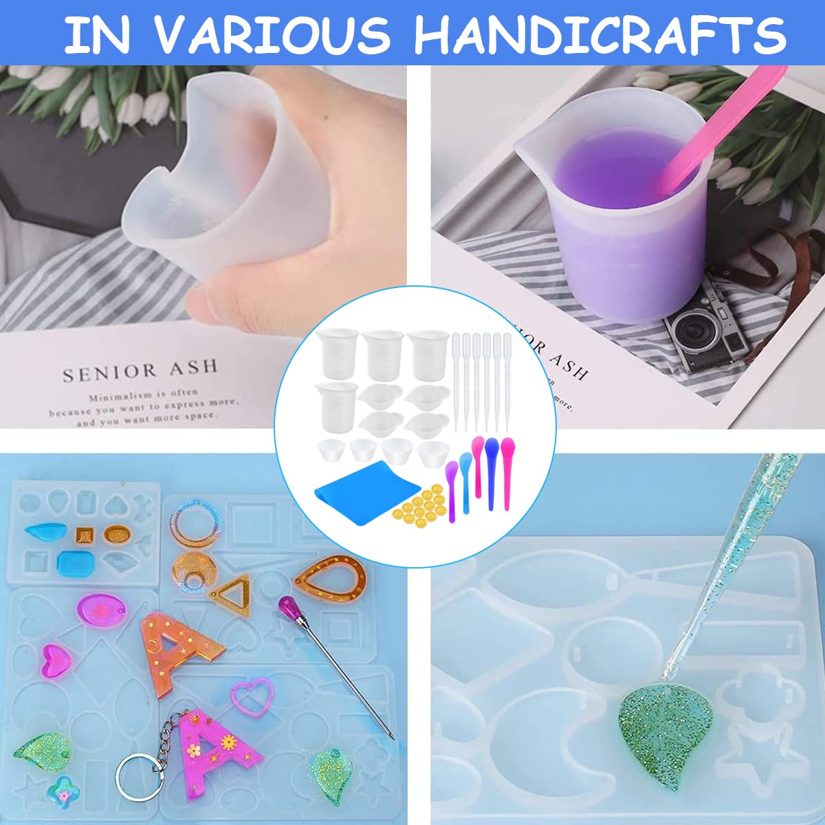 HASTHIP Silicone Resin Measuring Cups Kit for DIY Jewelry Making with 36pcs Tools | Heat Resistant Silicone Cups and Easy Pour Spout