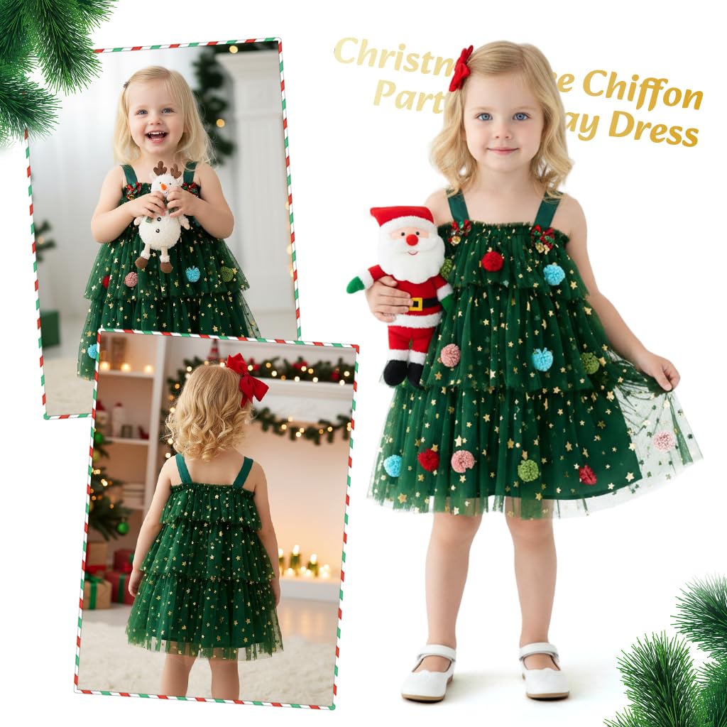 PATPAT Toddler Girls Christmas Party Dress with Tulle Layers and Gold Stars | Green 3-4 Years
