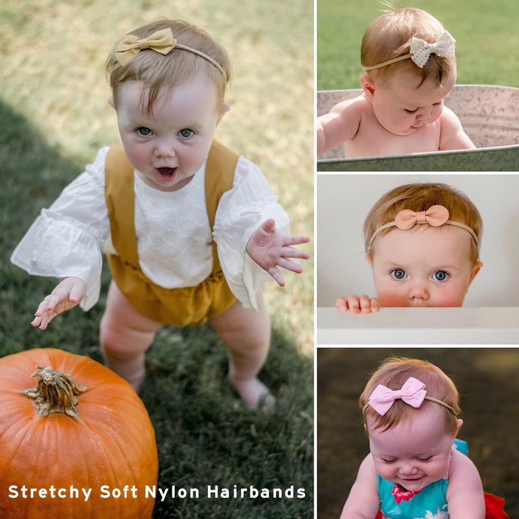 PALAY Bow Hair Bands for Baby Girls featuring Soft Stretchy Nylon Headbands 10pcs | Adorable Gift for Newborns