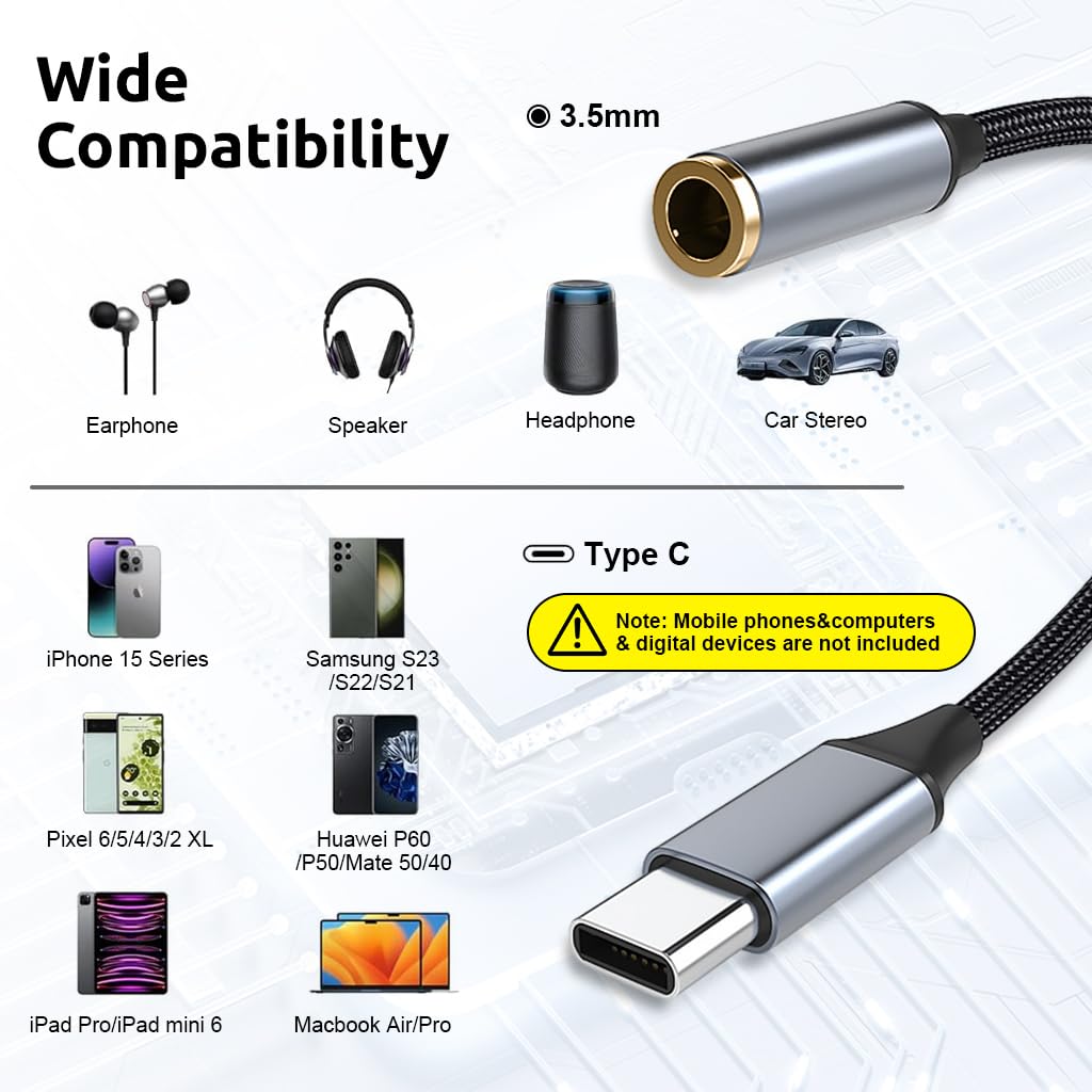 Verilux® Type C to 3.5 mm Audio Jack Adapter, Nylon Braided USB C to 3.5mm Audio Cable, Universal HiFi Audio Cable for iPhone, Samsung Galaxy S23 S23+ S23 Ultra, S22 S21 S20 Plus/Ultra, iPad Pro