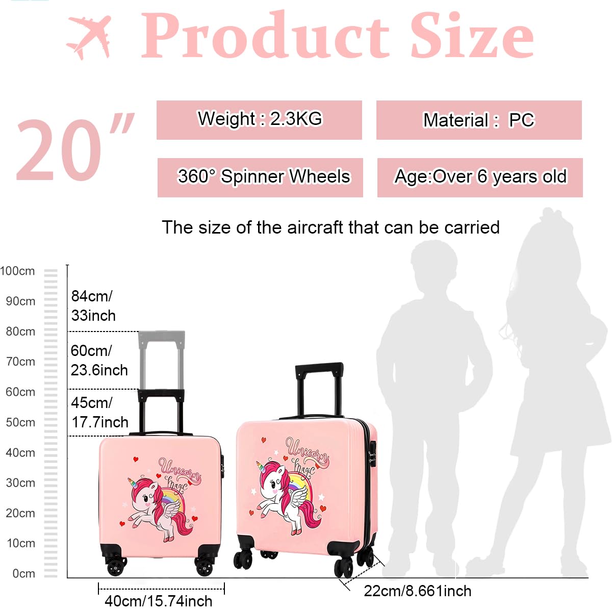 PALAY® Kids Travel Luggage 20'' Wheeled Luggage with Combination Password Lock Sturdy PC Travel Suitcase Cute Cartoon Unicorn Carry-on Wheeled Luggage Travel Roller Luggage School Gift for Students